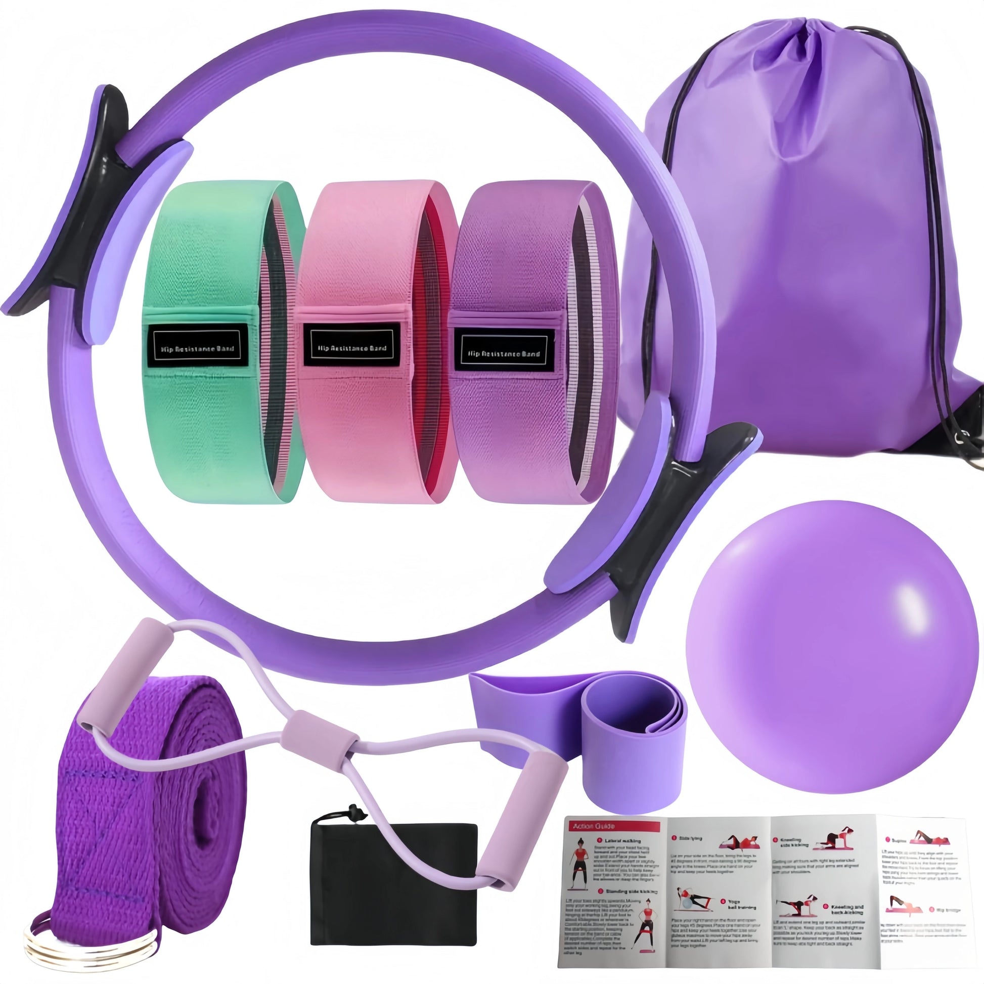 Set of home pilates equipment including a purple resistance band, ball, and straps on a white background.