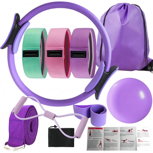 Collection of purple pilates home equipment including bands, a ball, and a bag on a white background