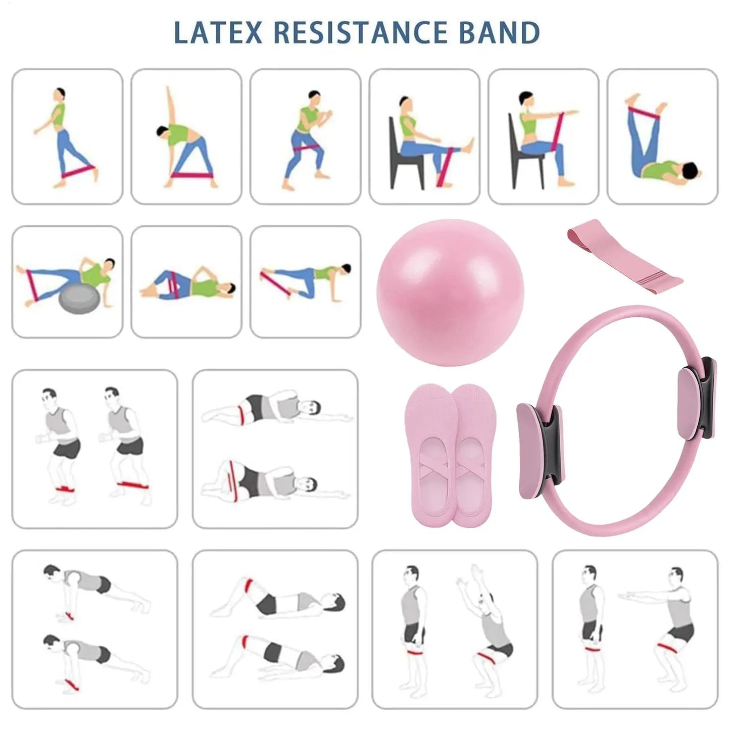 Pink latex resistance band set with exercise illustrations on a white background