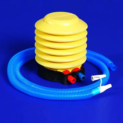 Yellow inflatable pump with blue hose on a blue background