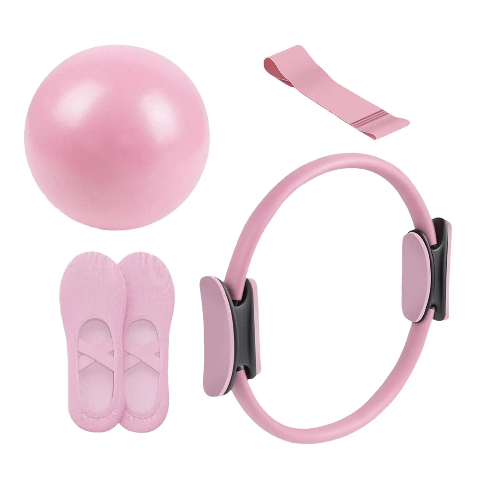 Set of pink pilates equipment including a ball, bands, and straps on a white background