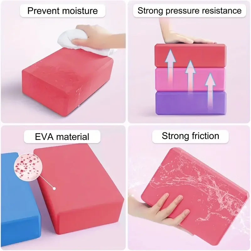Collage of a red EVA block with text labels on moisture prevention, pressure resistance, EVA material, and friction.