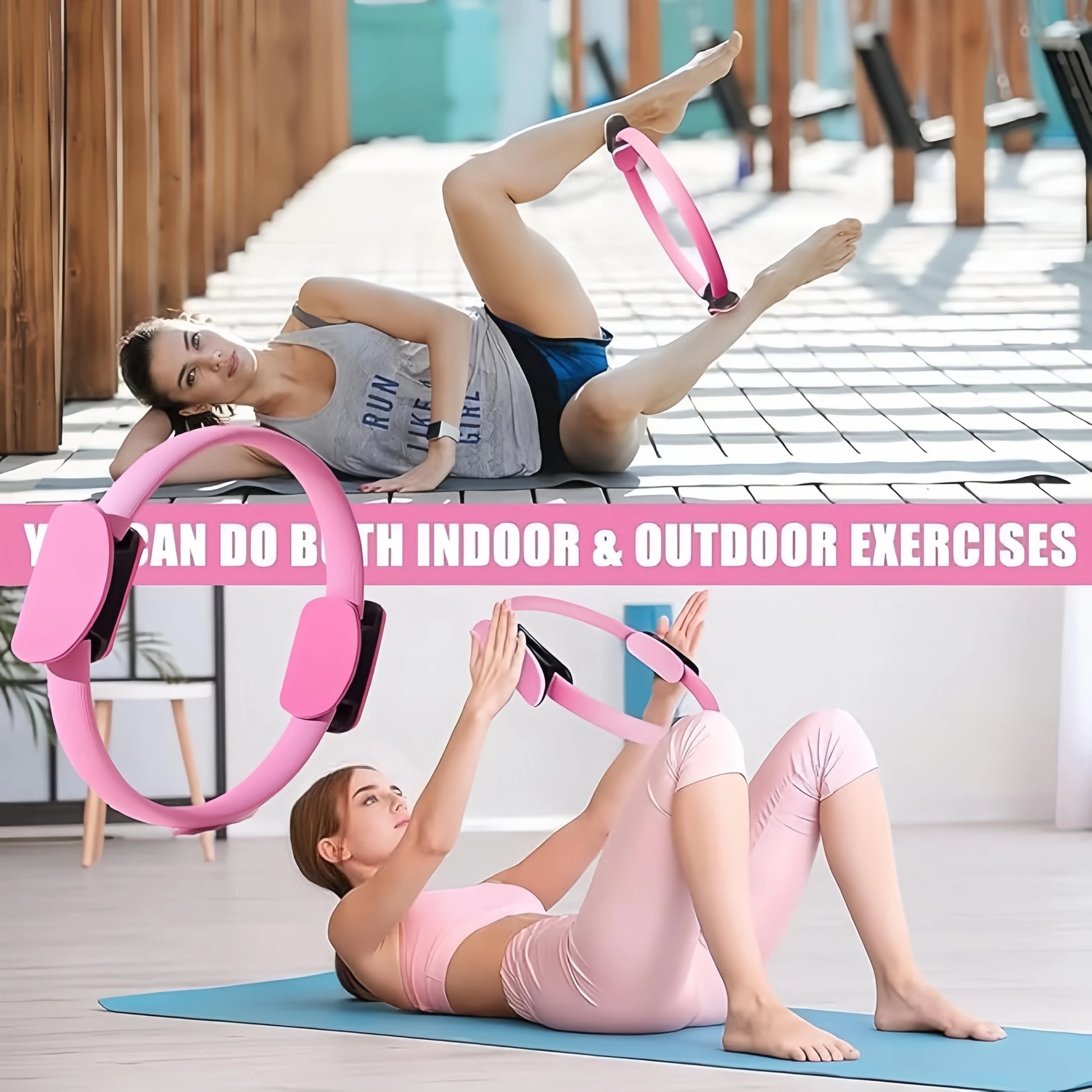 Two women exercising with pink Pilates rings on a wooden floor.